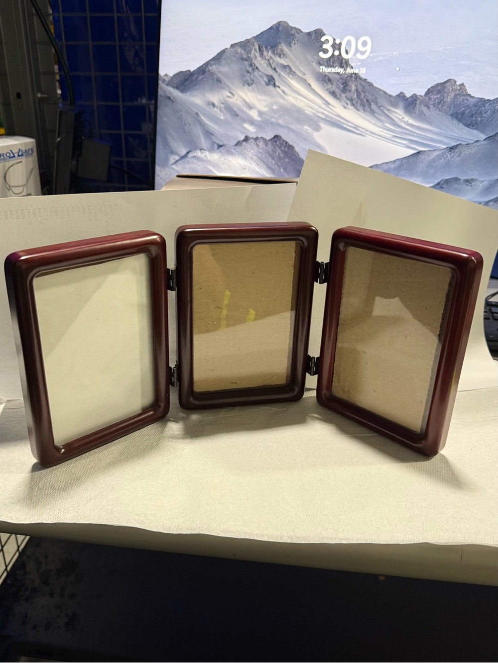 Fetco Vintage 90s Dark Wood Hinged Trio Picture Frames w Rounded Edges Decor